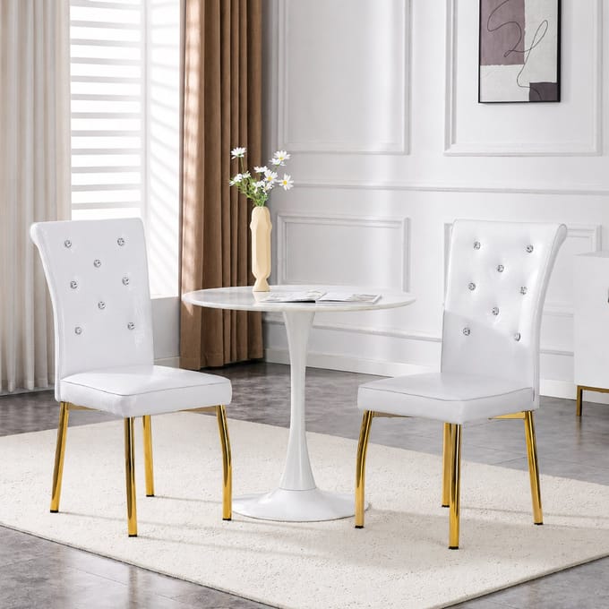 Eetkamerstoelen - Set Van 2 - Gestoffeerde eetkamerstoel - Eetkamerstoel - Eettafelstoel - Eetkamerstoelen - Stoel - Retro stijl - Wit,Goudkleurig