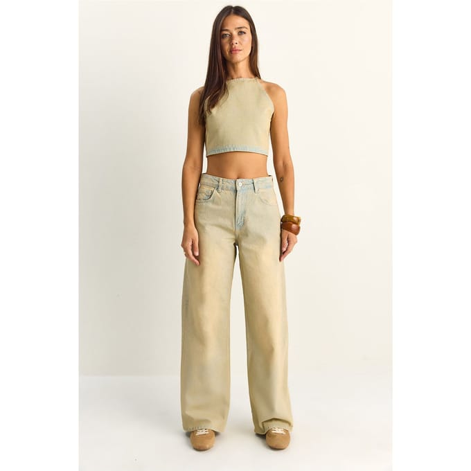 Hoge Taille Denim Haltertop en Brede Pijpen Broek Set