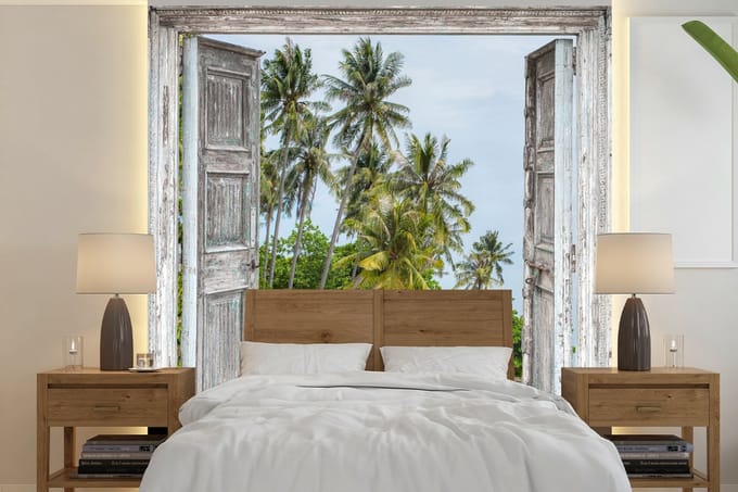 Behang - Fotobehang Tropisch - Palmboom - Doorkijk - Zee - Breedte 280 cm x hoogte 280 cm