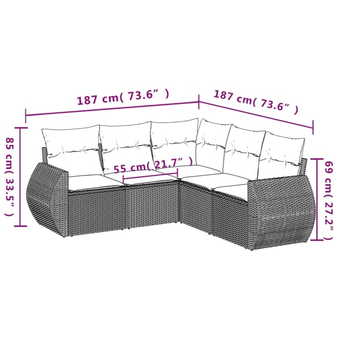 vidaXL 5-delige Loungeset met kussens poly rattan beige