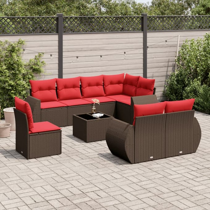 vidaXL - 9-delige - tuinbankset - met - kussens, - bruin - polyrotan