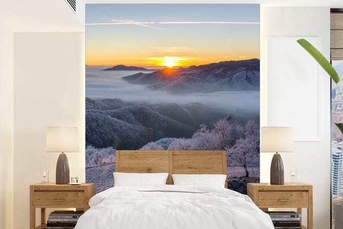 Behang - Fotobehang Winter - Bergen - Zon - Avond - Breedte 205 cm x hoogte 280 cm