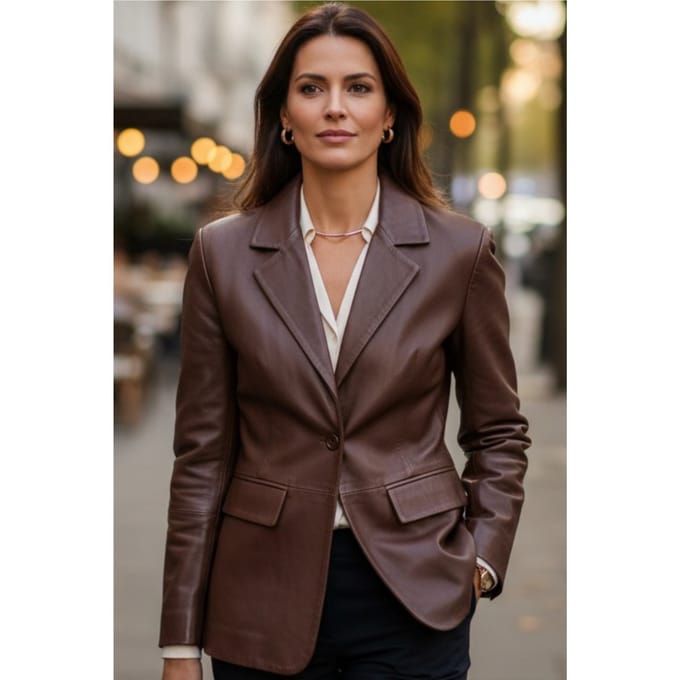 Dames Conker Brown Italiaanse leren blazerjasje-Eclipse