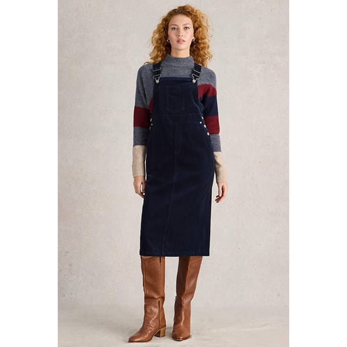 White Stuff Emmie Organic Cord Midi Pinny Dark Navy Maat: 6 REGULAR | Midi Jurken Outlet | Dames | Blauw