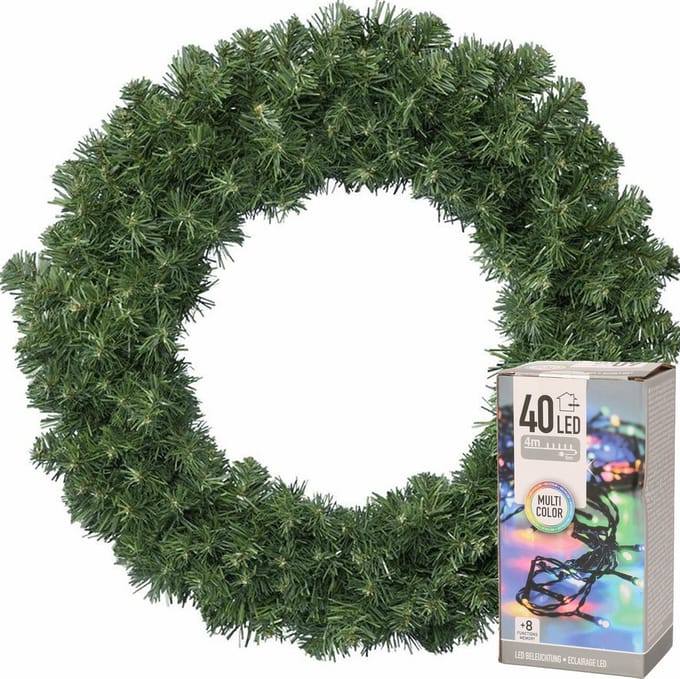 Decoris Kerstkrans - groen - D60 cm - 200 takken - incl. verlichting gekleurd