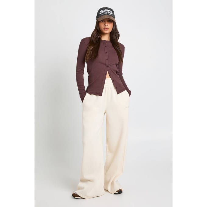 boohoo Dames Geribbelde top met knoopsluiting en lange mouwen | Chocoladebruin | Maat: 38