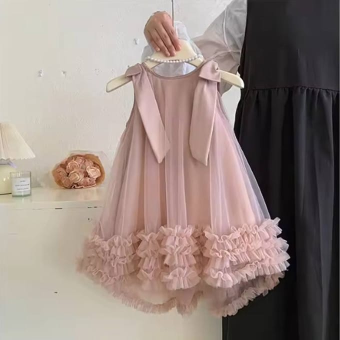 Été Filles Coréennes Sans Manches Nœud Couleur Unie Doux Robe de Princesse Tendance Enfant 90cm rose