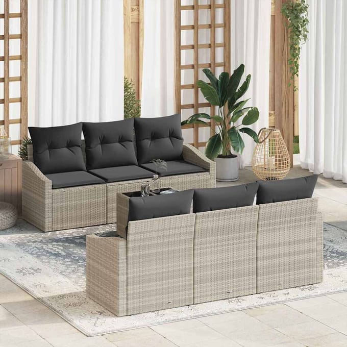 vidaXL Bankstel met kussen met kussen 7 pcs Lichtgrijs poly rattan