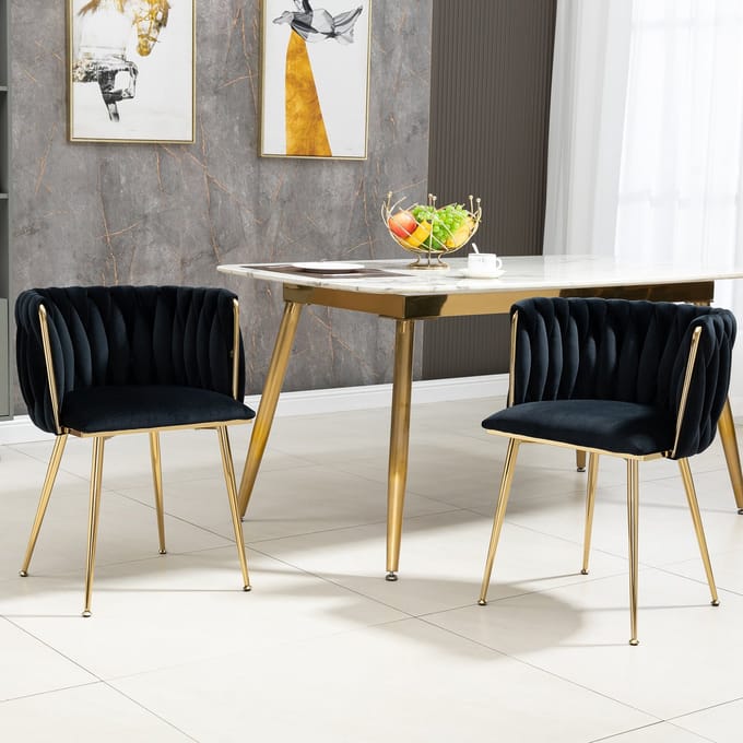 Eetkamerstoel Set- 2 stuks - Luxe Fluweel - Handgeweven Ontwerp - Zachte Kussens - Gouden Metaal - Modern