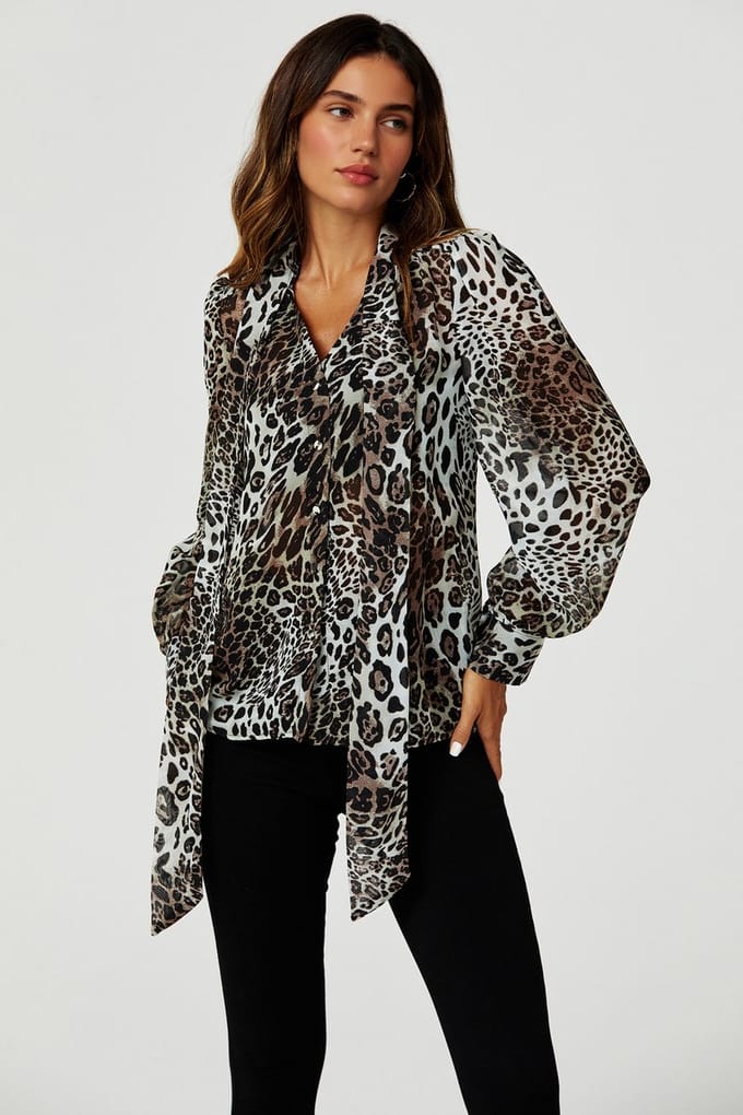 Blousetop met lange mouwen en strikdetail in beige