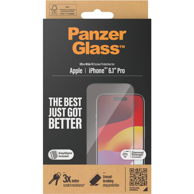PanzerGlass Screenprotector geschikt voor Apple iPhone 15 Pro Glazen | PanzerGlass Ultra-Wide Fit Screenprotector - Case Friendly + Installatie Frame - Zwart