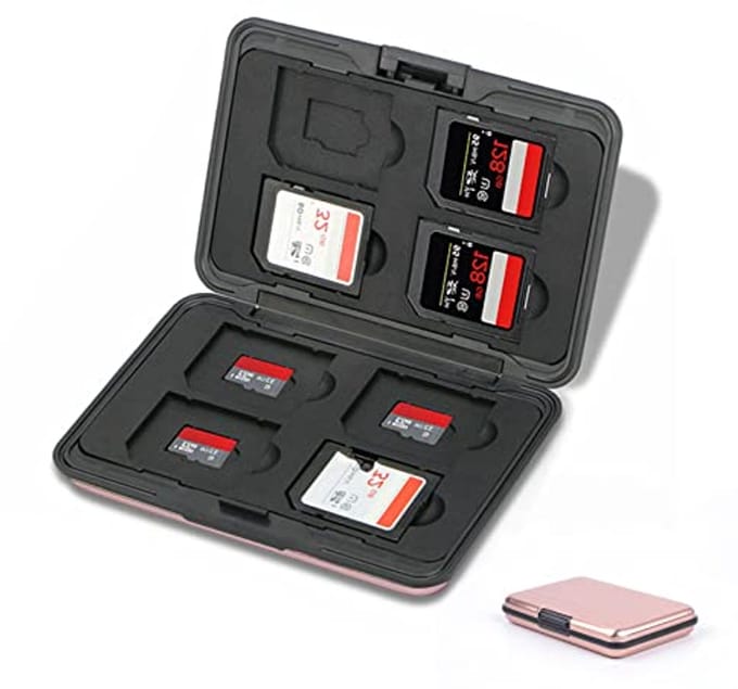 Memory Card Organizer met 16 Compartimenten - Opslag voor 8 SD & 8 Micro SD Kaarten - Waterdicht en Schokbestendig (Roze)