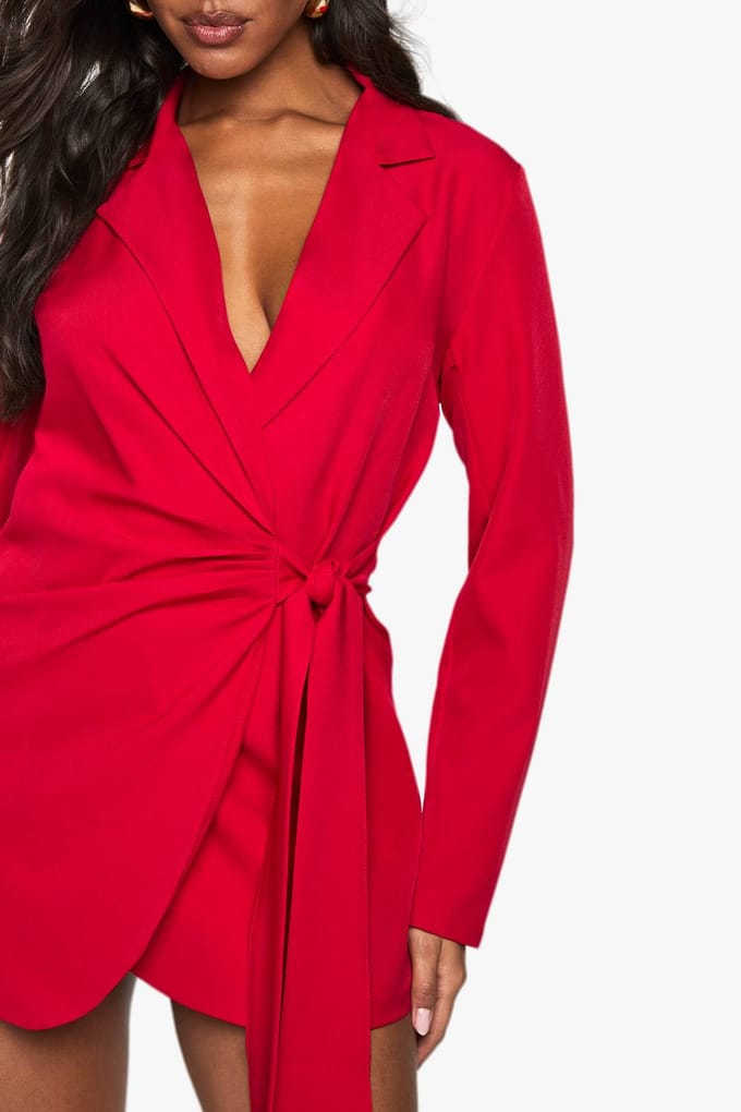 boohoo Dames Linnenlook Wrap Drape Front Op Maat Gemaakte Blazerjurk | Rood | Maat: 42