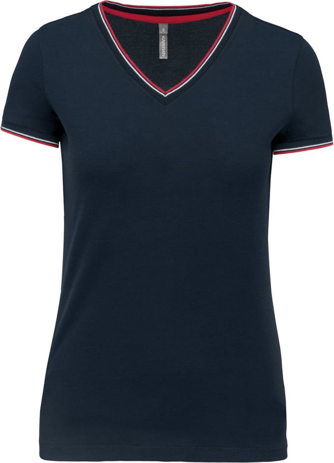 Kariban Dames-t-shirt piqué V-hals K394 - Navy / Red / White - M