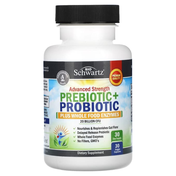 BioSchwartz, force avancée, prébiotique + probiotique, 20 milliards d'UFC, 30 capsules végétales