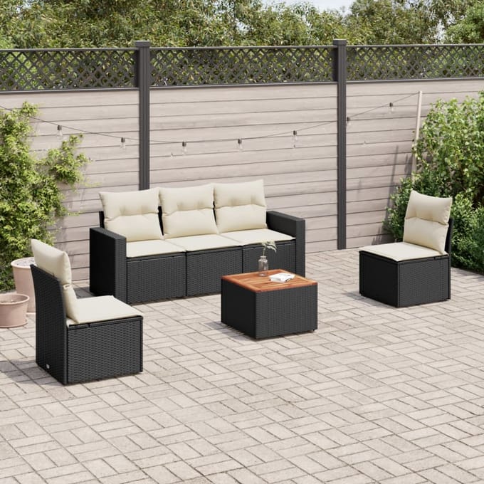 vidaXL - 6-delige - Loungeset - met - kussens - poly - rattan - zwart