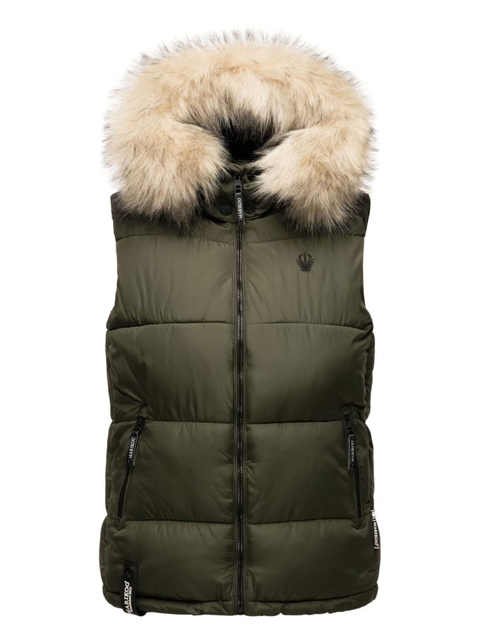 Marikoo dames gewatteerd vest – Eisflöckchen met capuchon & imitatiebontkraag