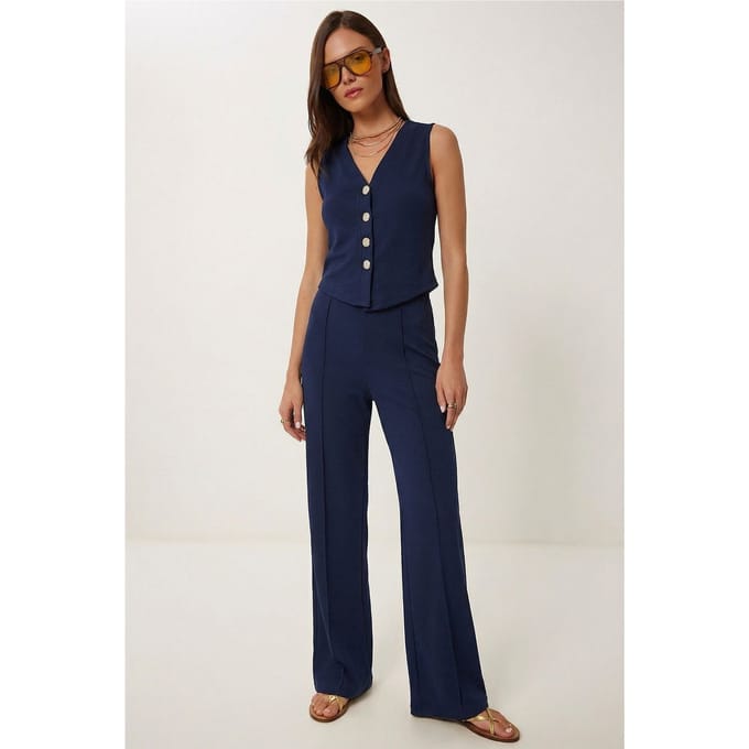 Hoge Taille V-Hals Knop-Up Brede Pijpen Co-ord Set
