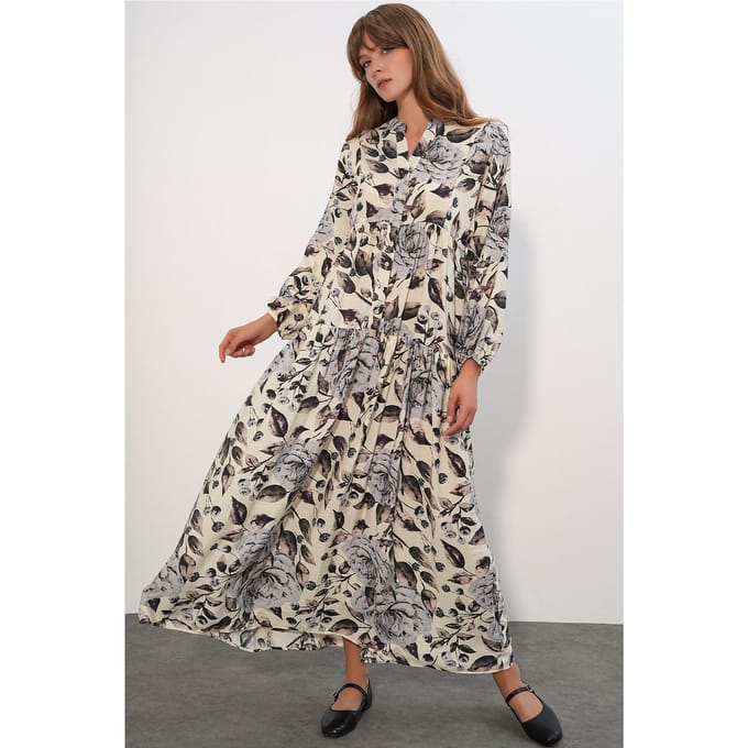 Bloemen Maxi Jurk Met Mandarin Kraag