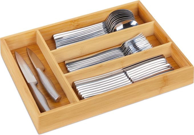 bestekbak bamboe - 4 vakken - 5 x 26 x 35,5 cm - klein - bestek organizer keukenlade