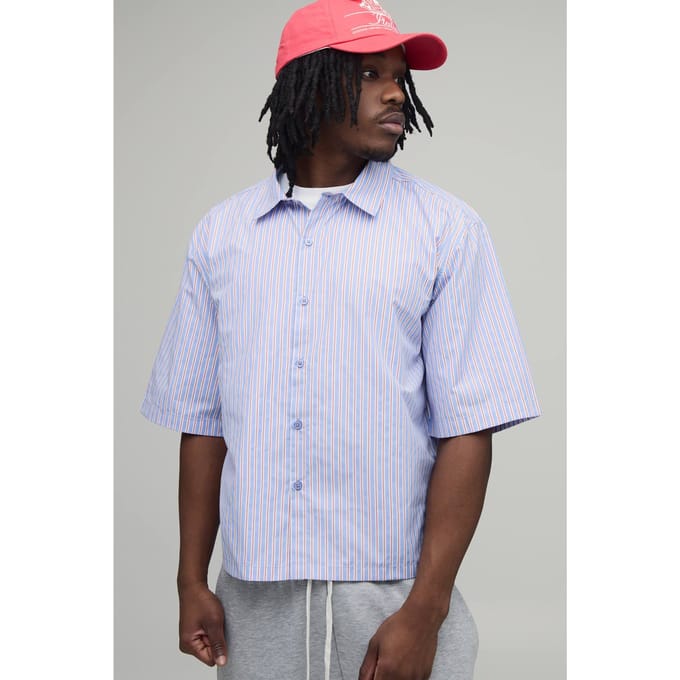 Lang Oversized Boxy Shirt Met Halve Mouwen En Geborduurd Multistreep Patroon | Blue | Size Medium