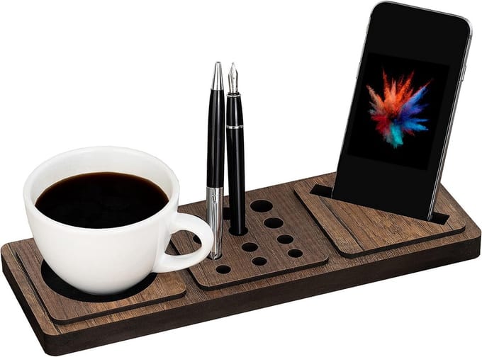 SnelShoppen - Vigo Houten Bureau Organizer - Desk Setting, Tafelaccessoires, Docking Station, Kantoor & Bureau Opberging, Pennenhouder, Telefoon Dock,