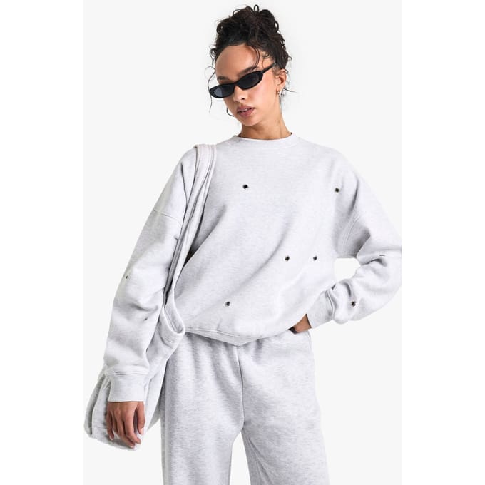 boohoo Dames Eyelet Detail Oversized Sweatshirt | Ash Grey | Maat: Small