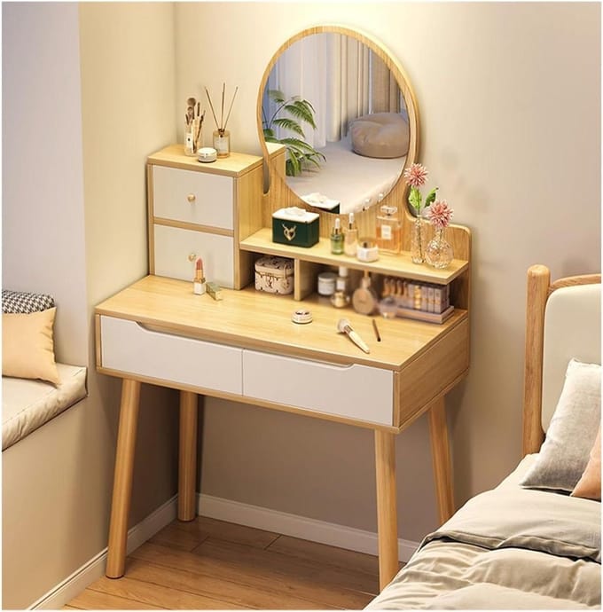 Elegante Kaptafel - Cosmetica Bureau - Schoonheidsroutine Optimaliseren - Verstelbare LED Spiegel - 80 x 40 cm - Natuurlijk Hout