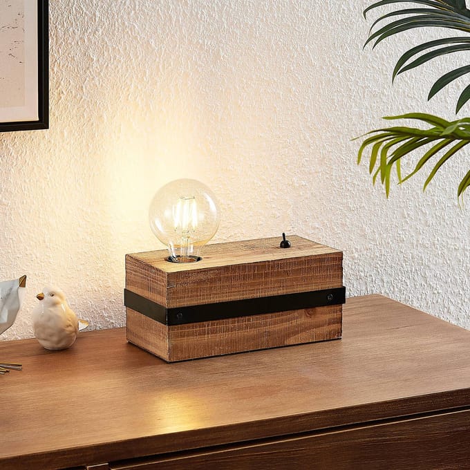 Lindby - tafellamp - 1licht - hout, metaal - H: 12 cm - E27 - bruin, zwart