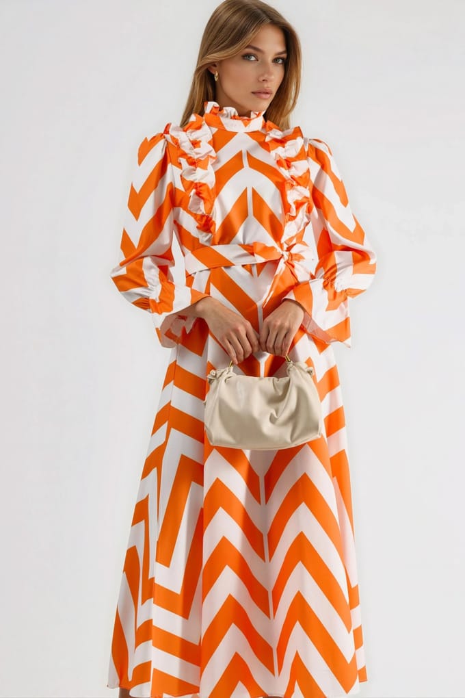 Geometrische Rimpel Maxi Jurk met Halve Turtleneck