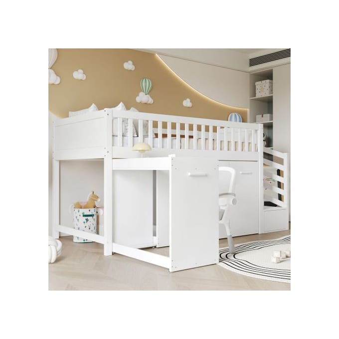 Stapelbed - Multifunctioneel - Wit - Geïntegreerd bureau - Opbergkasten - Verhoogde veiligheid
