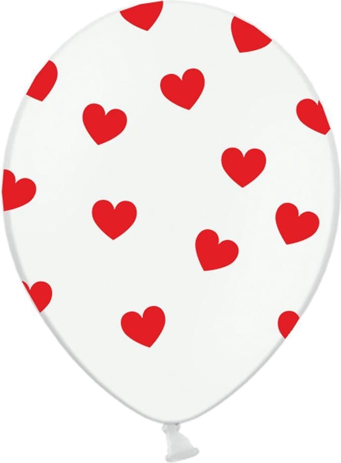 Partydeco - Ballonnen wit hartjes rood 6 stuks