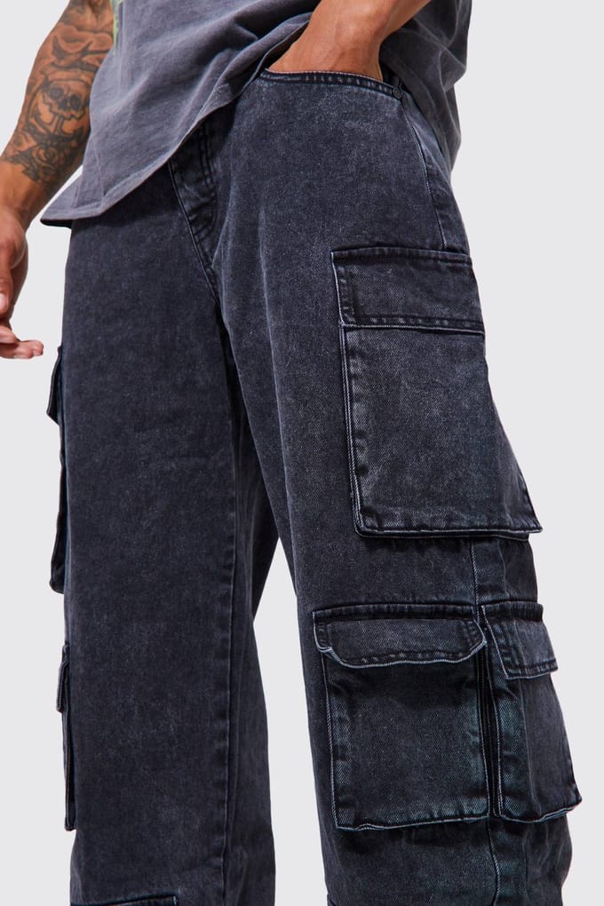 Relaxed Fit Acid Wash Cargo Jeans | Charcoal | Size 30R