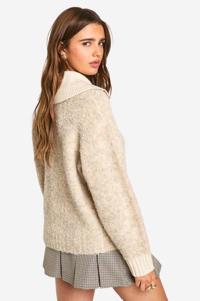 boohoo Dames Gebreide oversized trui met geribde kraag en knoopsluiting | Oatmeal | Maat: Small