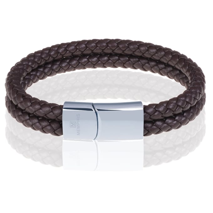 Memphis dubbele leren armband Bruin Zilverkleurig-23cm