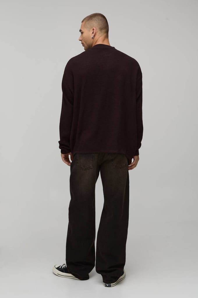 Essential Relaxed Fit Henley Waffle Knitted T-Shirt | Chocolate | Size Medium