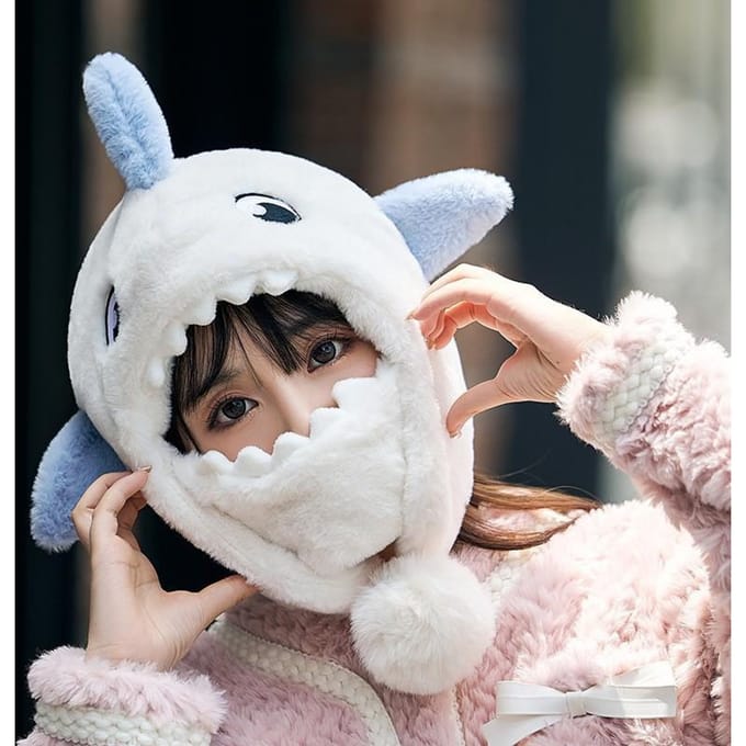 Couvre-ski Protection des oreilles Cache-visage Bonnet pull Chaud Placage Dessin animé Requin Cyclisme Mignon Chapeau de casque de neige white
