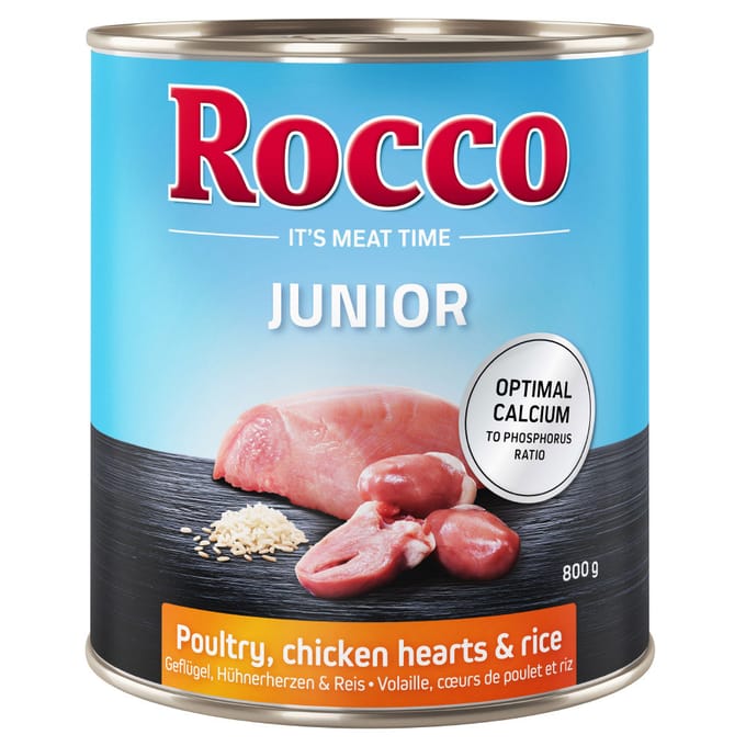 24x800g Junior Kippenhartjes & Rijst + Calcium Rocco Hondenvoer