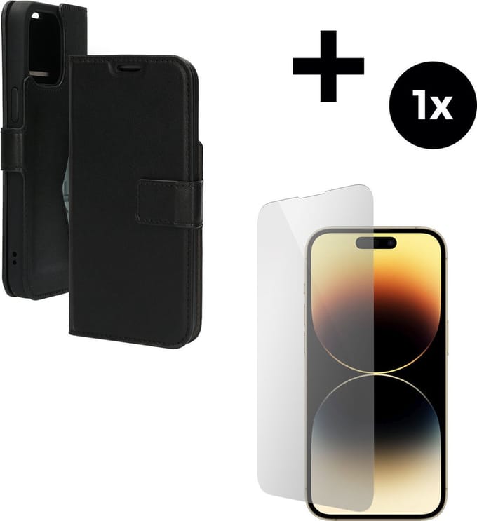 Mobiparts Classic Wallet hoesje geschikt voor Apple iPhone 14 Pro Max met 1 Screenprotector van Gehard Glas - Zwart