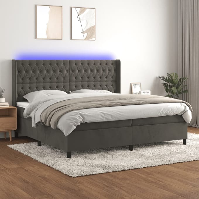 vidaXL - Boxspring - met - matras - en - LED - fluweel - donkergrijs - 200x200 - cm