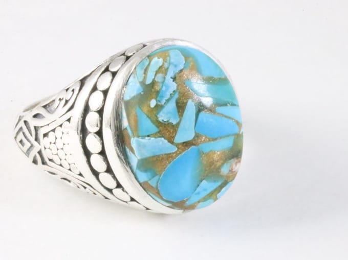 Zware bewerkte zilveren ring met blauwe turkoois - maat 19