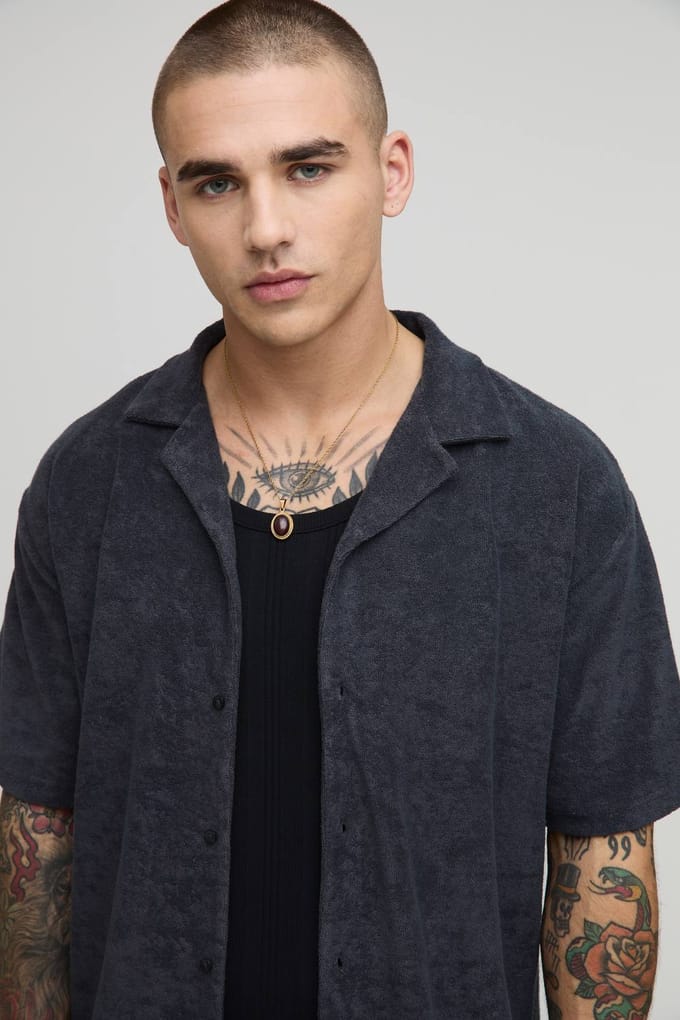 Oversized Revere Towelling Shirt | Dark Grey | Size Small