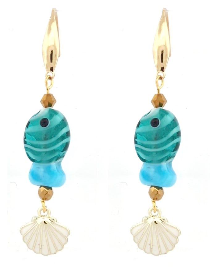 Dames oorbellen - beachlook - turquoise - glazen visje - schelpje - goudkleurig haakje