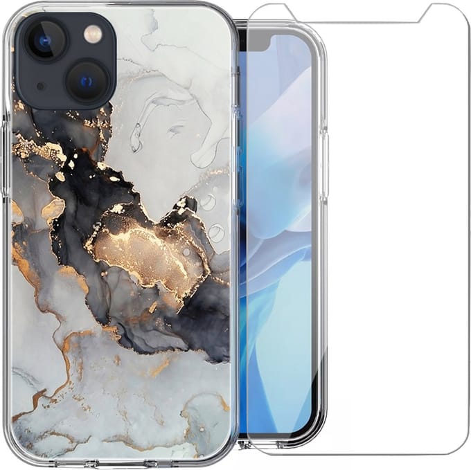 Hoesje geschikt voor iPhone 14 Plus - Siliconen Shock Proof Case Back Cover Hoes Marmer Goud + Screenprotector Gehard Glas Screen Protector