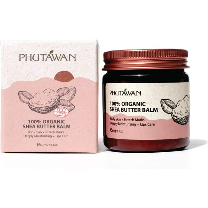 Baume au beurre de karité 100 % biologique Phutawan, peau du corps, vergetures, hydratation en profondeur, soin des lèvres 60 g. beige