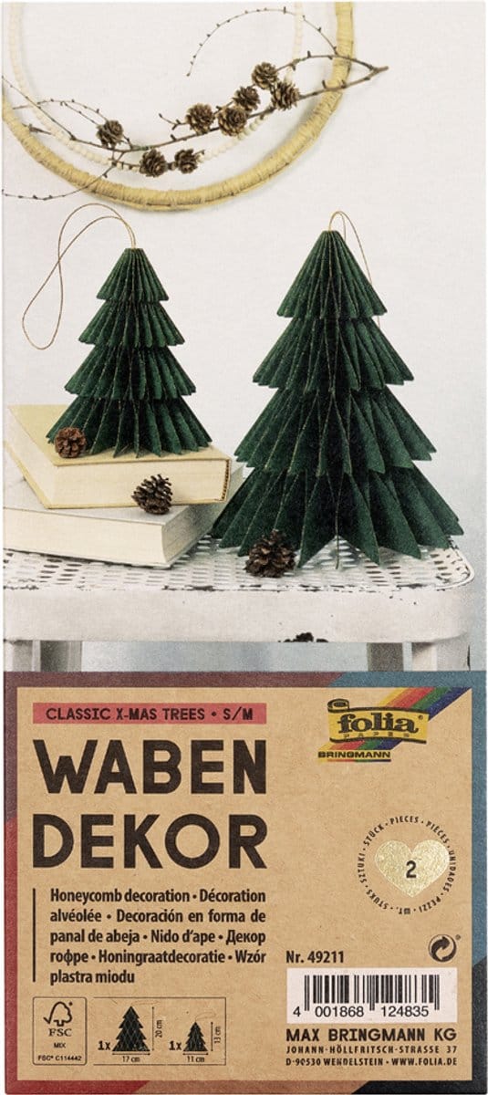 Honingraatwanddecoratie Klassieke Kerstbomen, set van 2, maten klein/middel