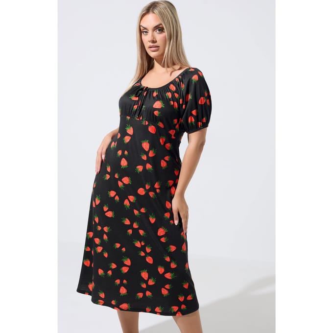 Limited Collection Zwarte Tea Dress Met Aardbeienprint Size 40