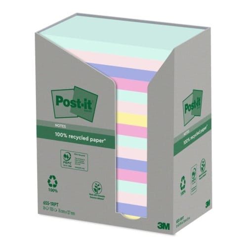 Memoblok post-it 655-rpt 76x127mm recycled rainbow Pastel 16 stuks