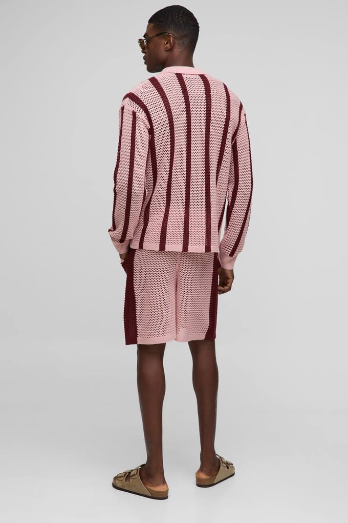 Relaxed Fit Side Stripe Open Stitch Knitted Shorts | Burgundy | Size Small