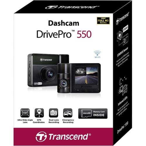 Transcend DrivePro 550B Dashcam met GPS Kijkhoek horizontaal (max.): 150 ° 12 V, 24 V WiFi, Accu, Cabinecamera